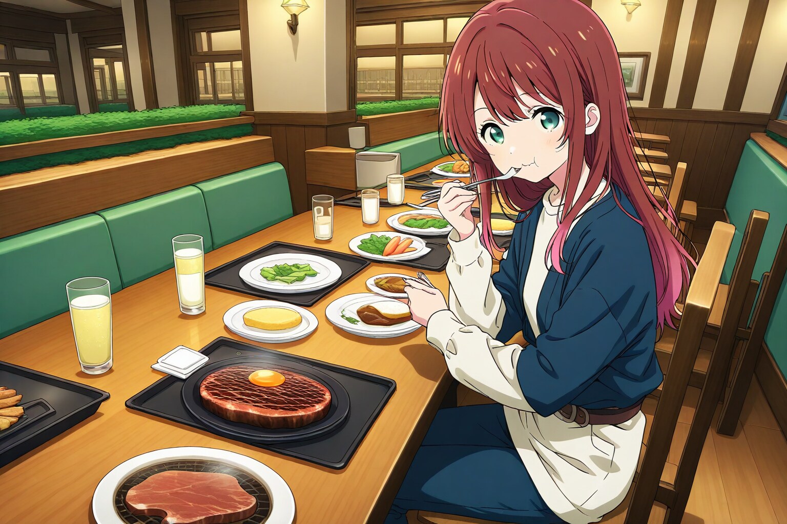 レストランでステーキを食べる女性 | の人気AIイラスト・グラビア