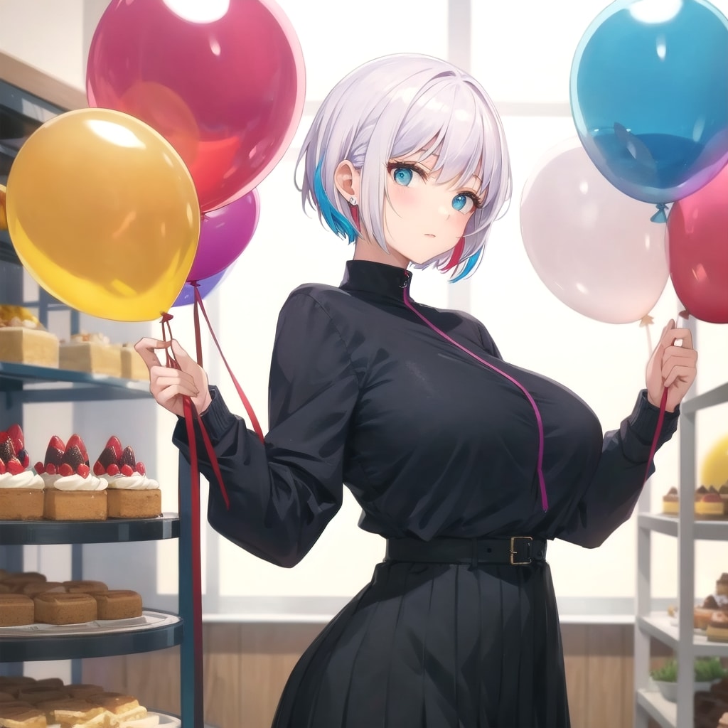 いっぱい色とりどりの風船を持つ白い髪ショートカットのケーキ屋さんの美女