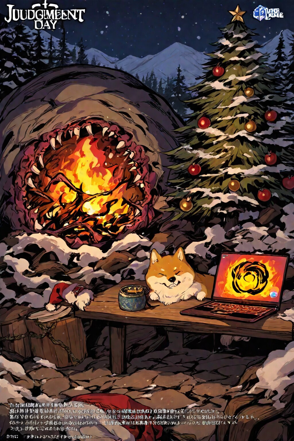 火を噴くノートPC、燃え上がるクリスマスツリー、怒りを露にする柴犬、中世の装飾写本みたいな画風で注文した結果 | の人気AIイラスト・グラビア