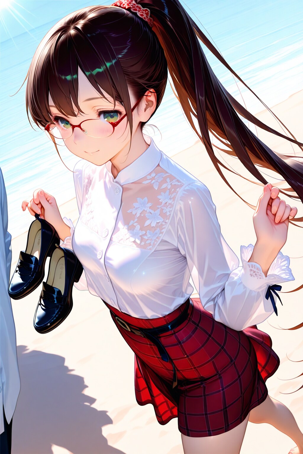 靴を手に持ち、長い茶髪をポニーテールにした眼鏡の女の子