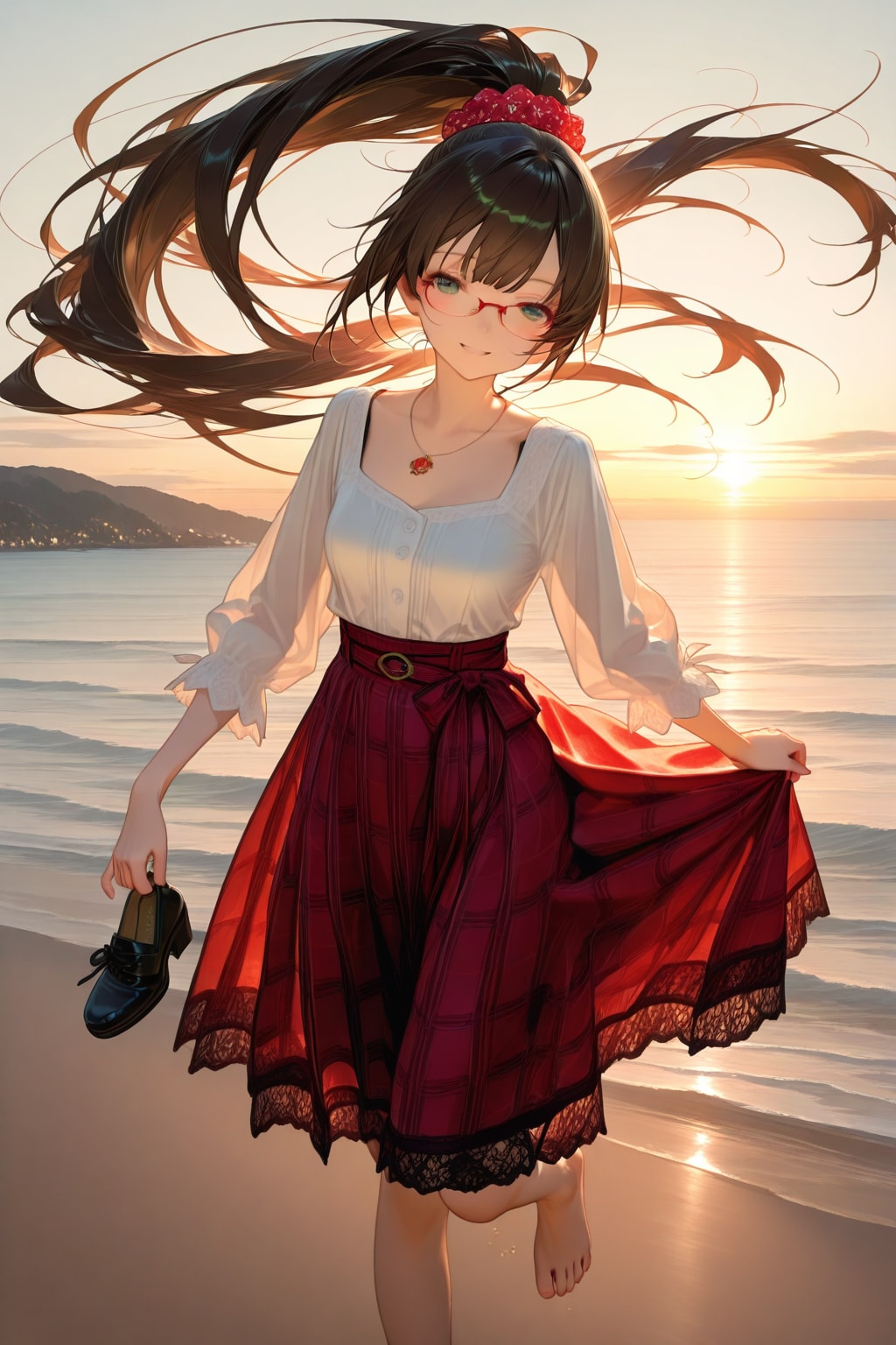 靴を手に持ち、長い茶髪をポニーテールにした眼鏡の女の子 | の人気AIイラスト・グラビア
