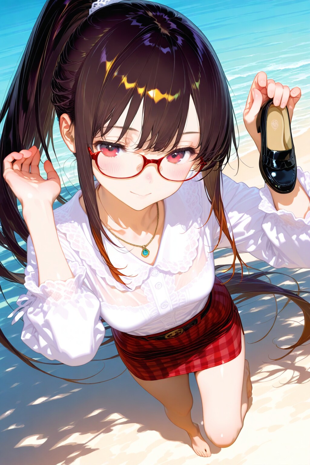 靴を手に持ち、長い茶髪をポニーテールにした眼鏡の女の子