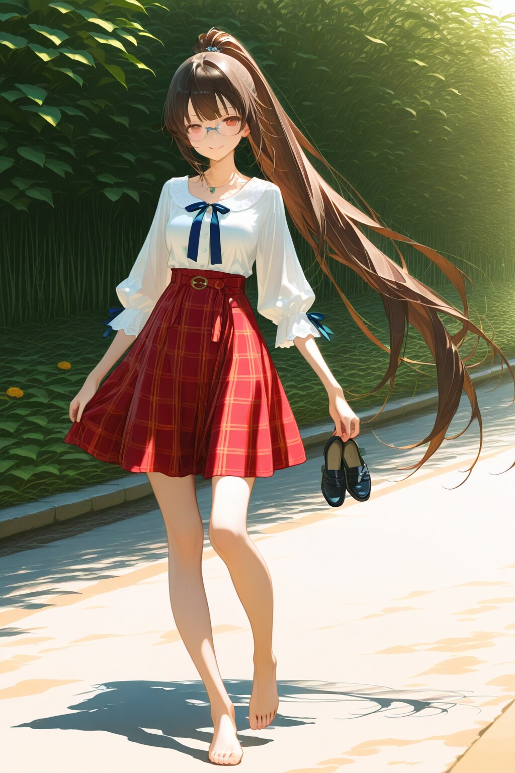 靴を手に持ち、長い茶髪をポニーテールにした眼鏡の女の子