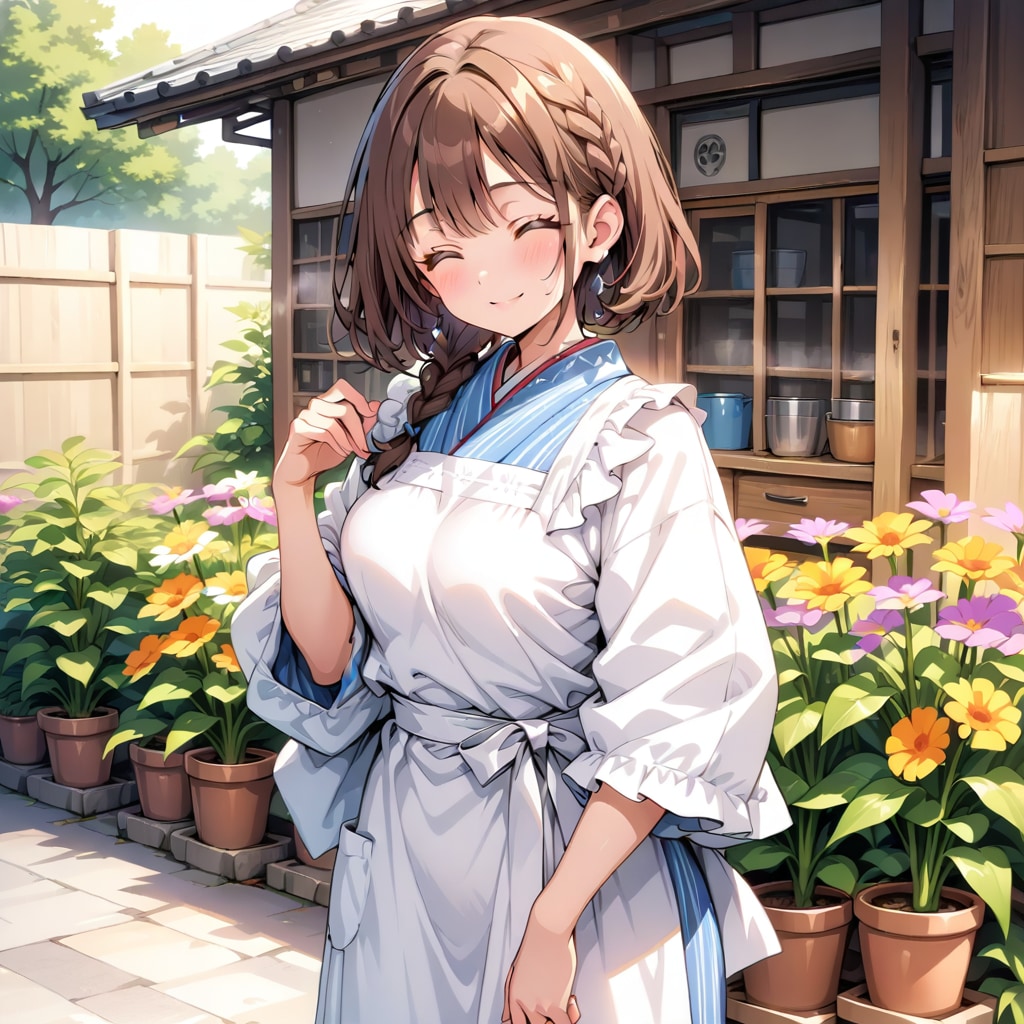 割烹着の妻　花に水をあげましょう | の人気AIイラスト・グラビア