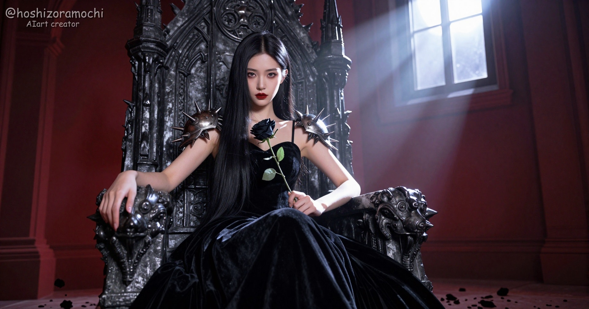 漆黒の王座｜冷徹な眼差しで君臨する、黒薔薇のダークファンタジー・クィーン👑🖤🌹🏰