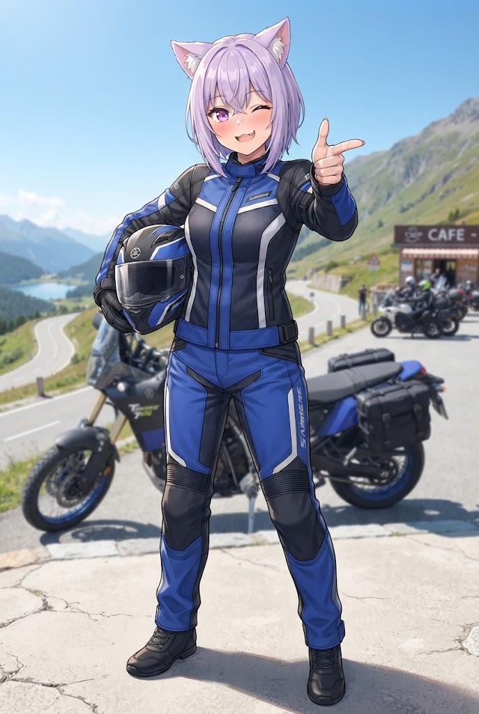バイク乗りのたまり場でのライダースーツのシス