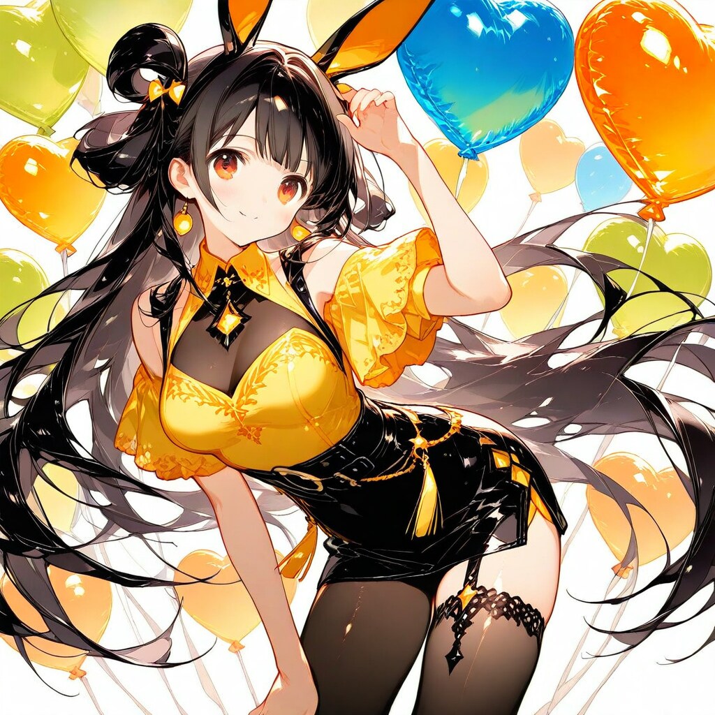 いっぱいハート風船を持つ黒髪ロングの美女。 | の人気AIイラスト・グラビア