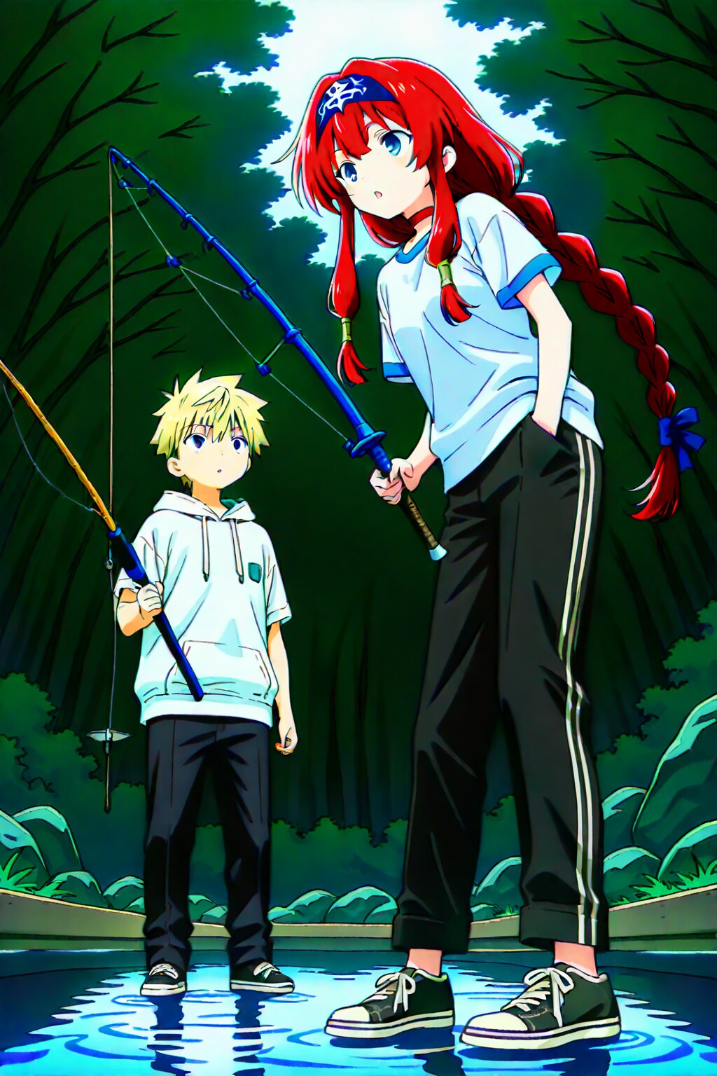 子供に釣りを教わる小織くん