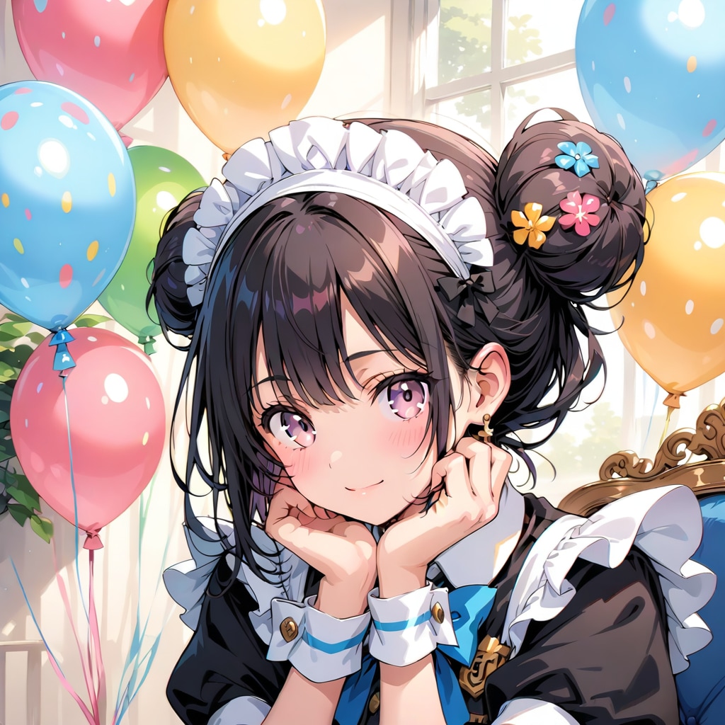 いっぱい色とりどりの風船を持つ黒髪ロングお団子ヘアのメイド服着た美女
