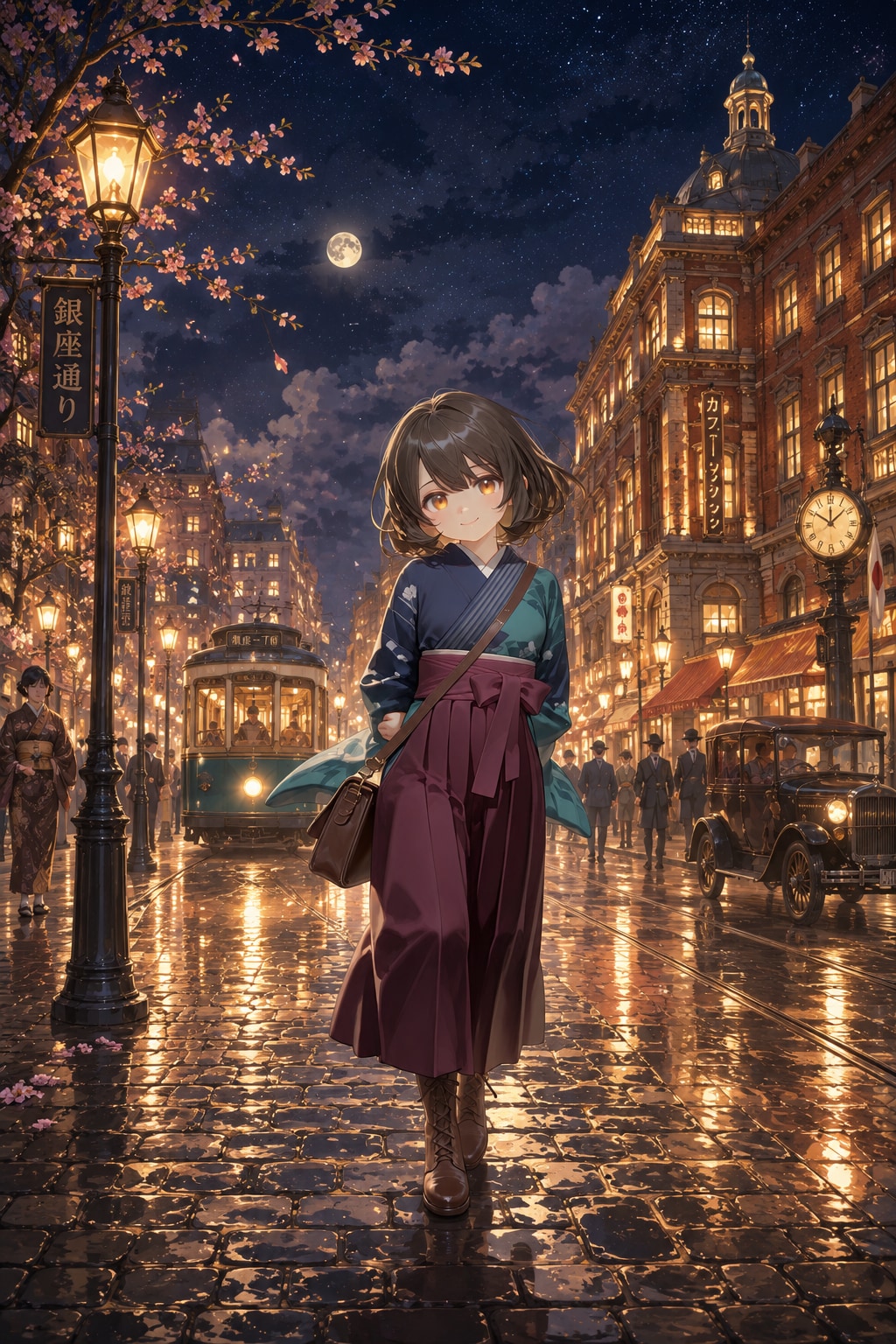 瓦斯灯に照らされた夜道を歩く