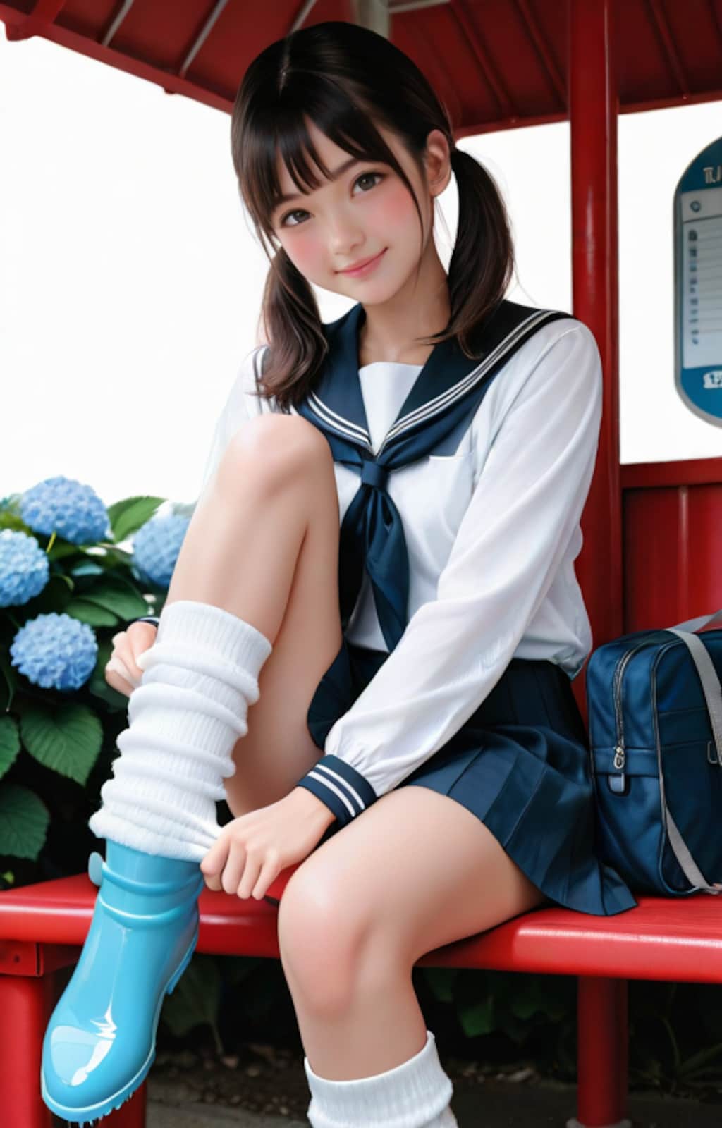 雨上がりのバス停ルーズを直す女子