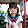雨上がりのバス停ルーズを直す女子 4枚目
