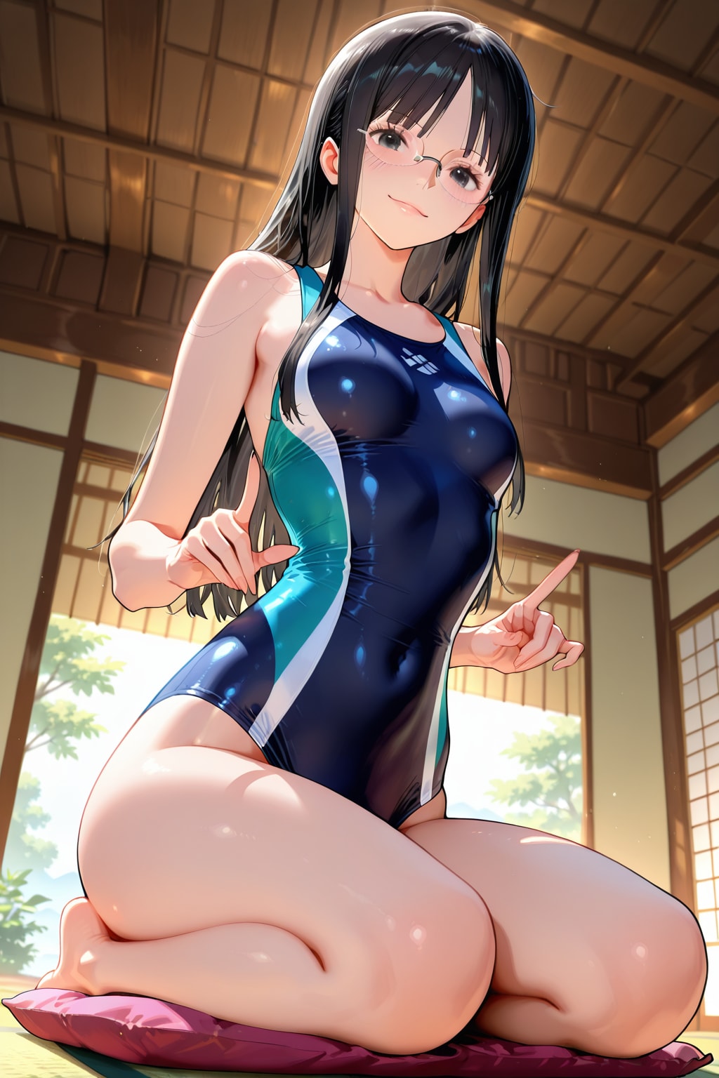 競泳水着で正座