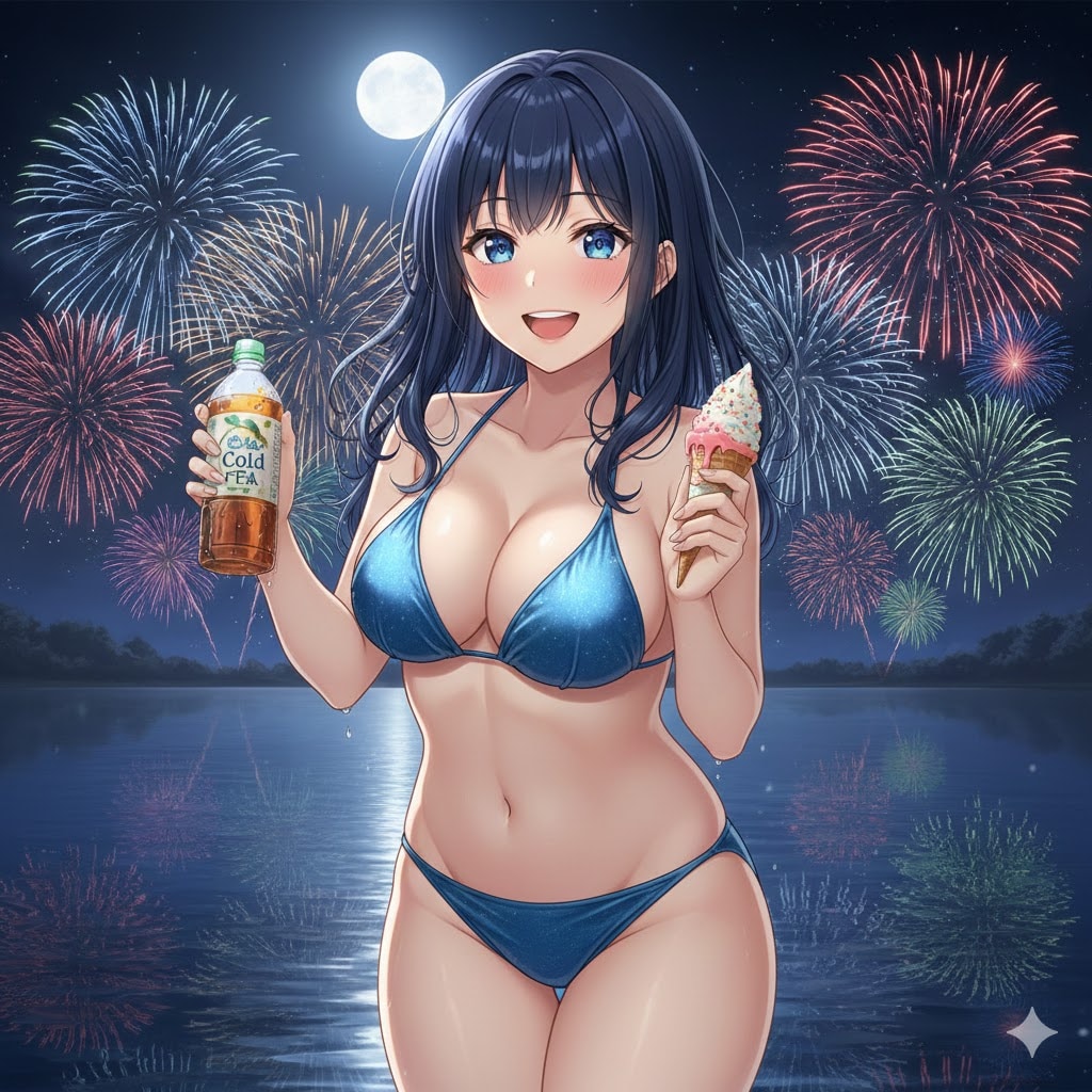 花火と水着の女性