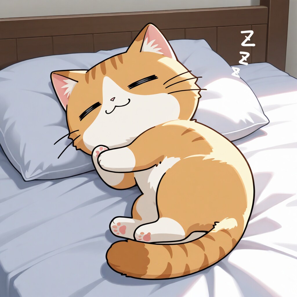 ベッドで就寝中の猫