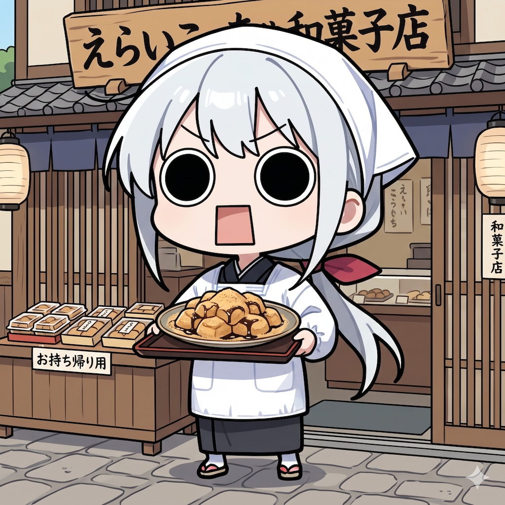 わらび餅を提供するえらいこっちゃ嬢