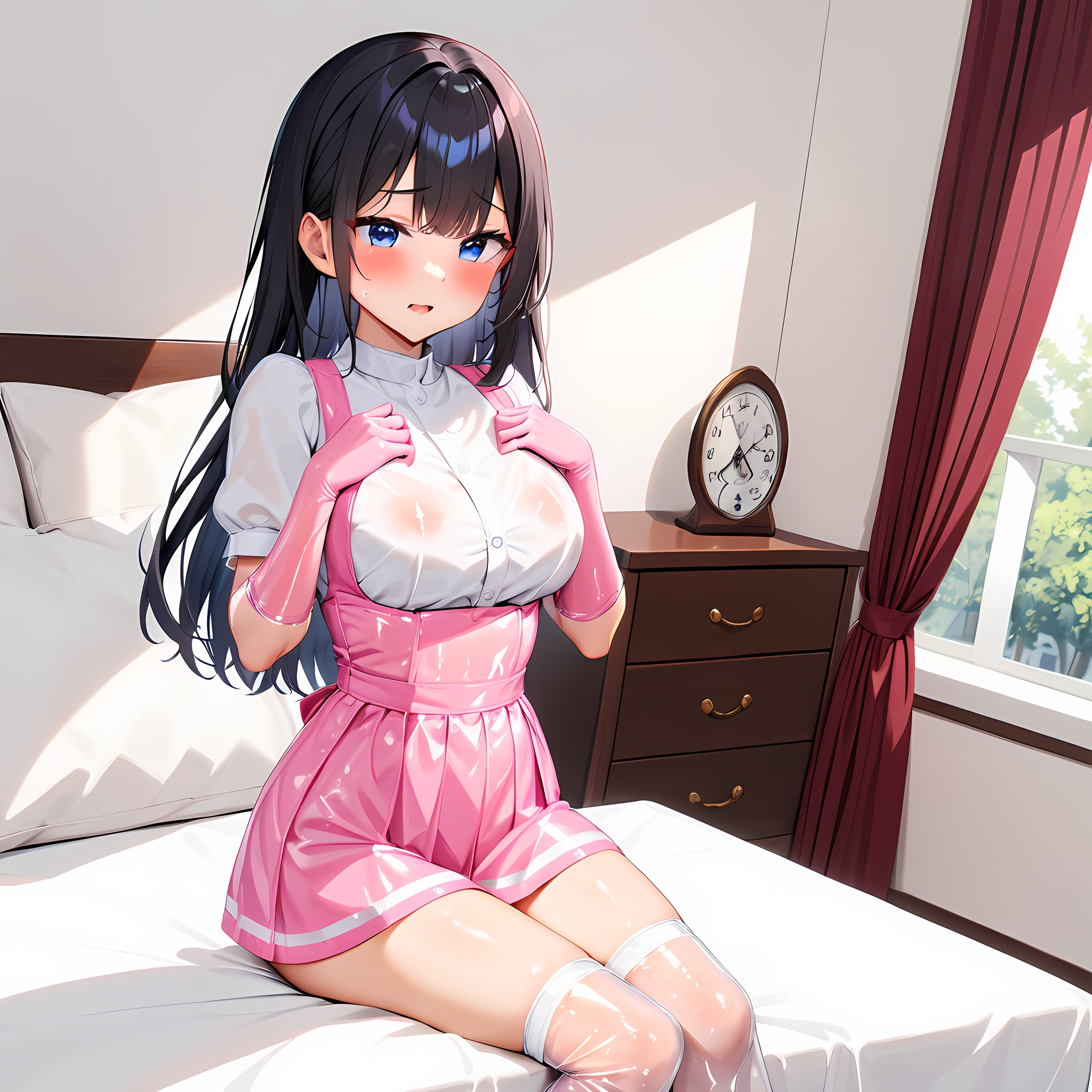 透け実験中 光沢ピンクアンミラ風手袋サイハイソックス