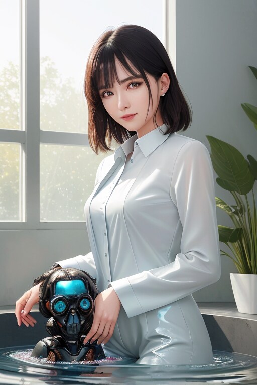 自らオフィスのプールに一緒に入ってロボットの耐水性を確認する美人秘書