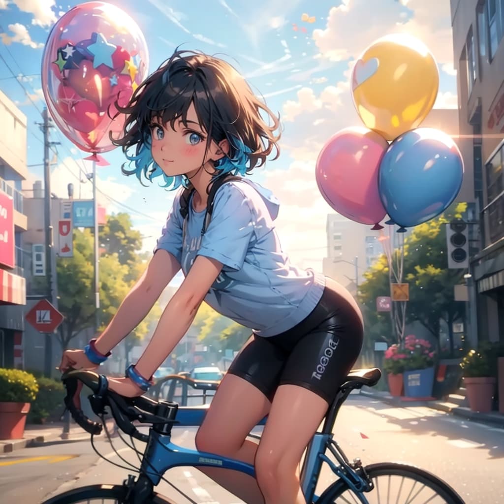 いっぱい色とりどりの風船を持つロードバイク乗っている美女