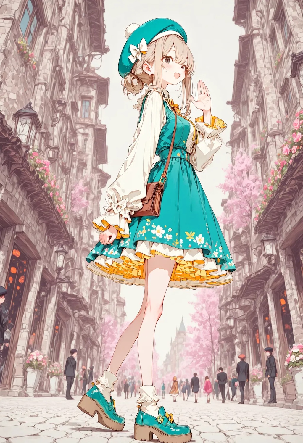 パステルグリーンのドレスを着て街中へお買い物♪