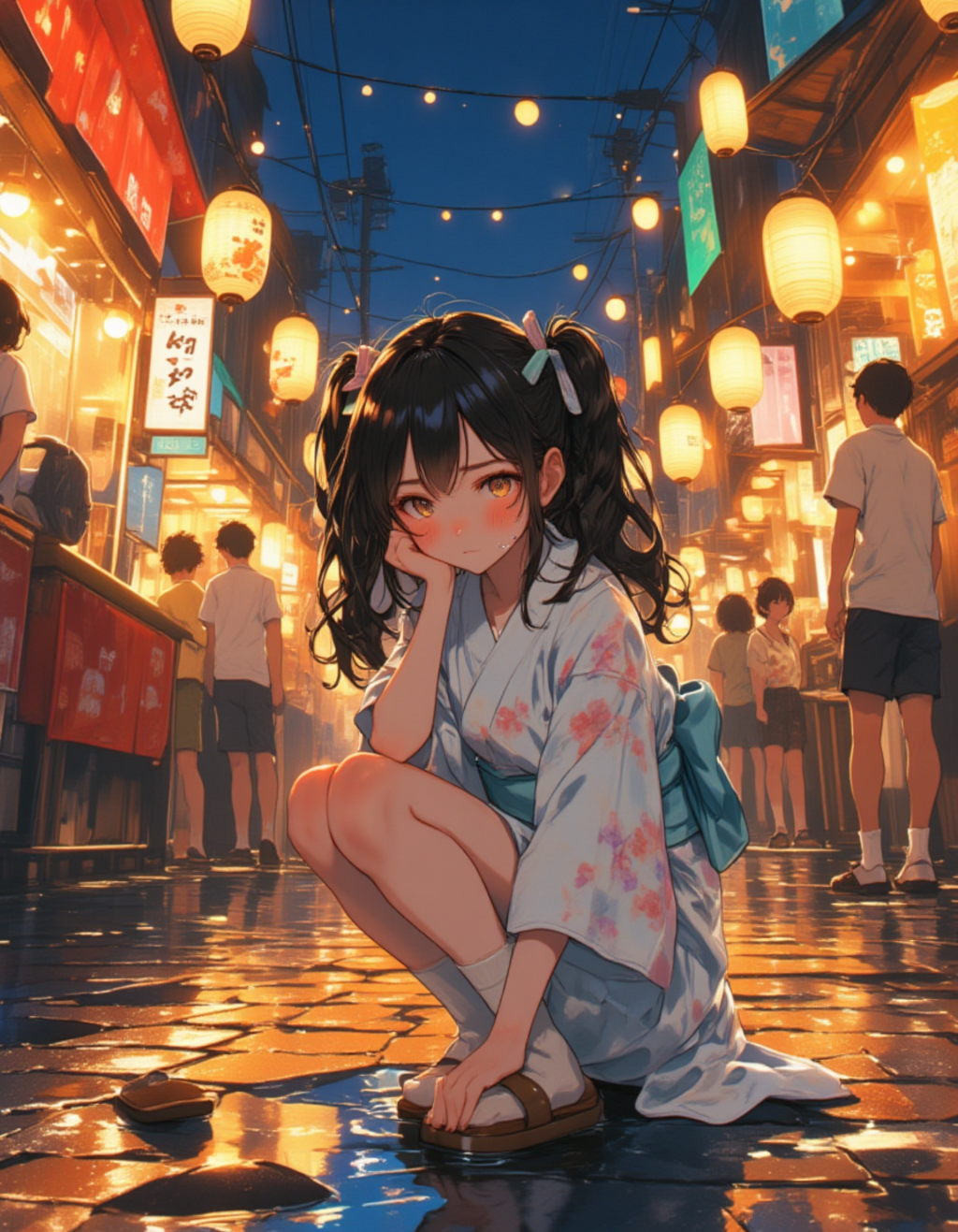 赤面する夜祭りの浴衣少女