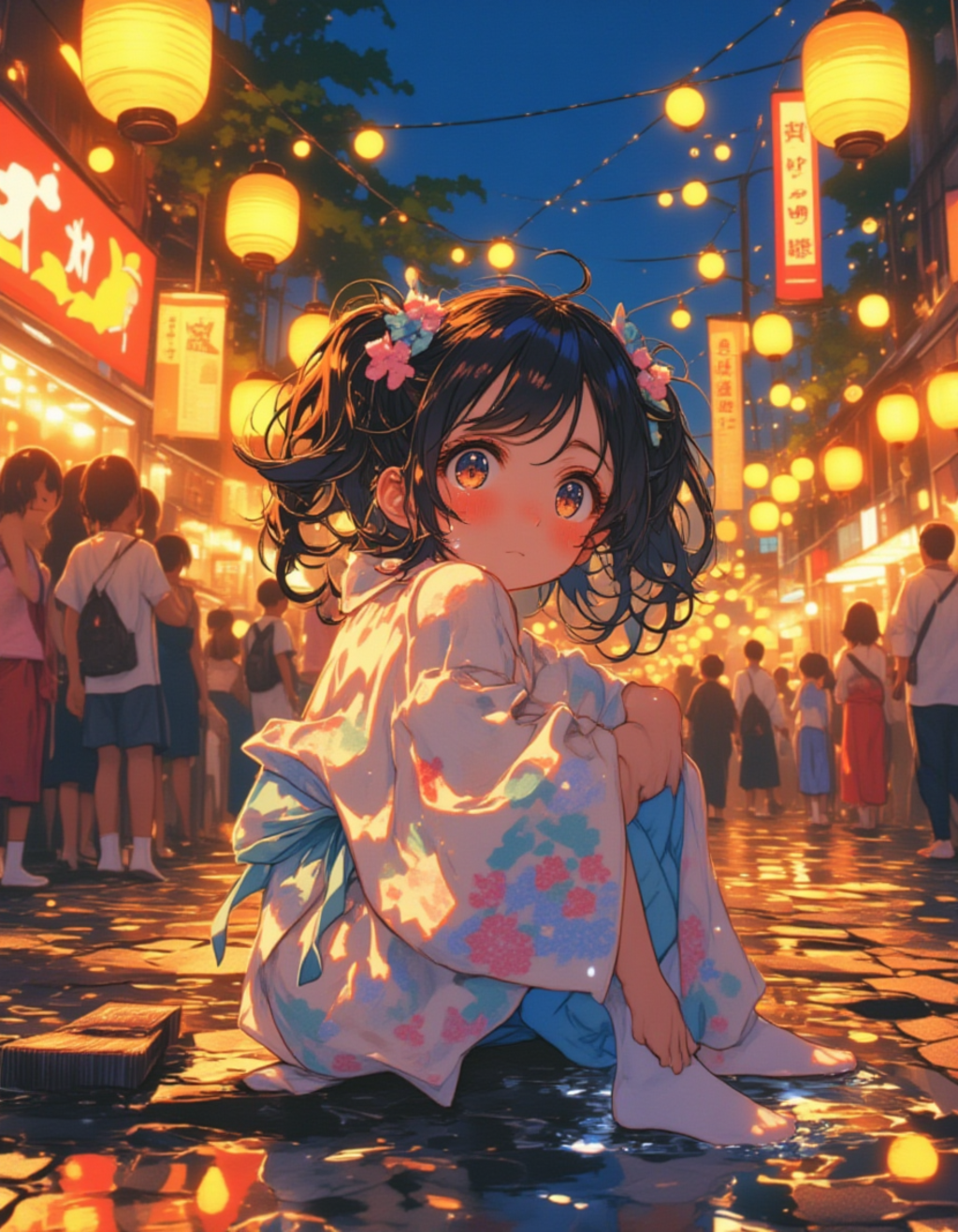 赤面する夜祭りの浴衣少女