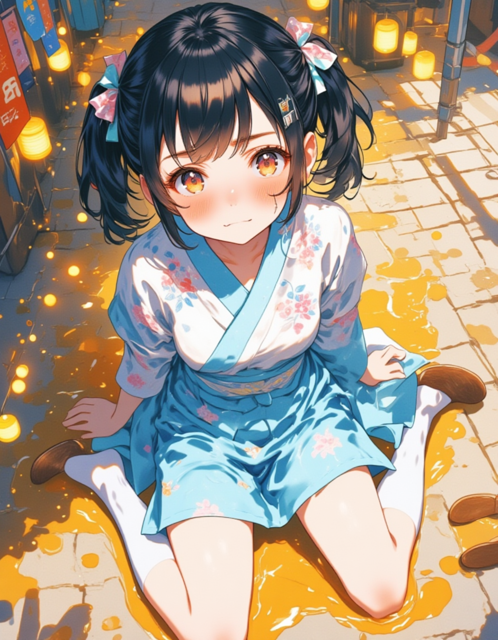 赤面する夜祭りの浴衣少女