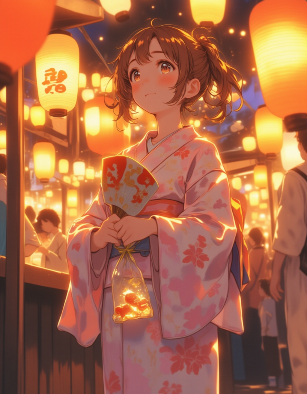 赤面する夜祭りの浴衣少女