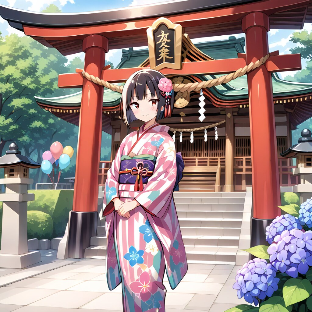 紫陽花咲く神社でいっぱい色とりどりの風船を持つ黒髪ショートカットの着物着た美女