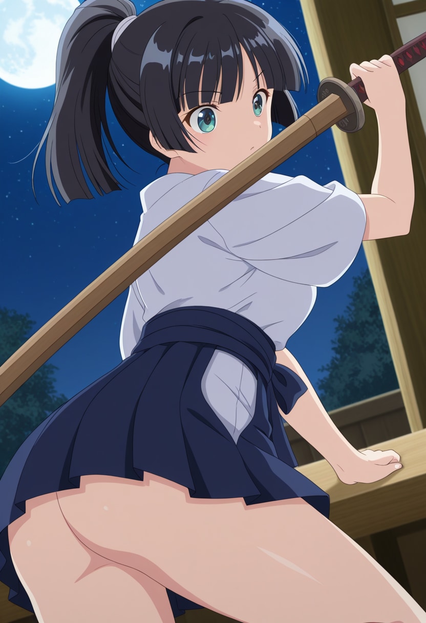 夜に稽古する女剣士