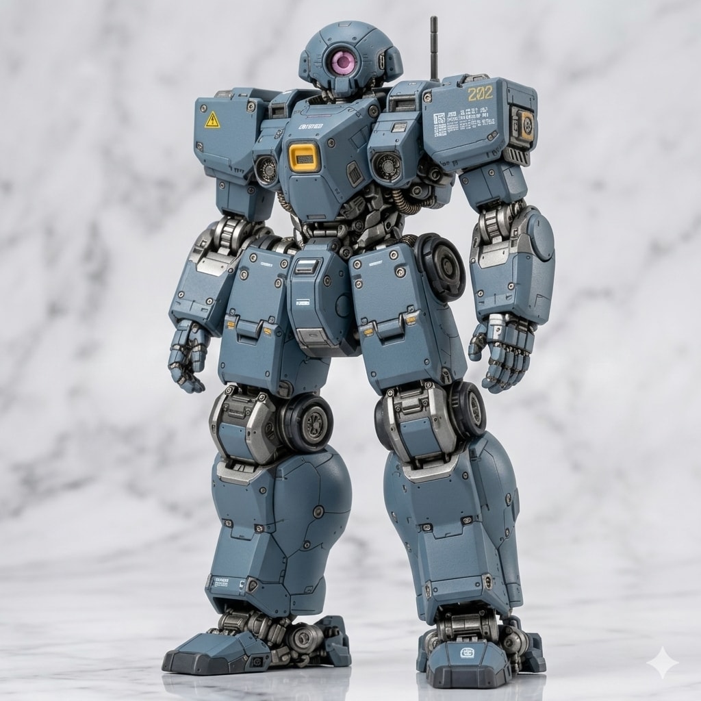 AIガチャ戦機 量産機 立ち絵＆フィギア（同一イラストからのフィギア塗装生成差分 初期型カラー／最終生産型ロービジビリティカラー）