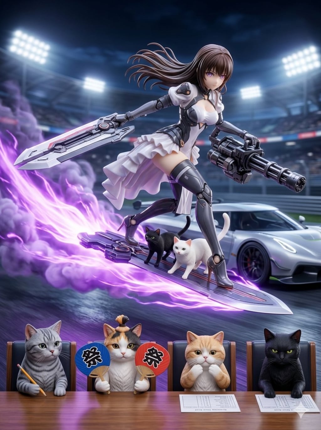 レースクィーンメカ娘と黒猫🐈‍⬛ちゃんと白猫🐈兄さん　アクリルドールフィギュア