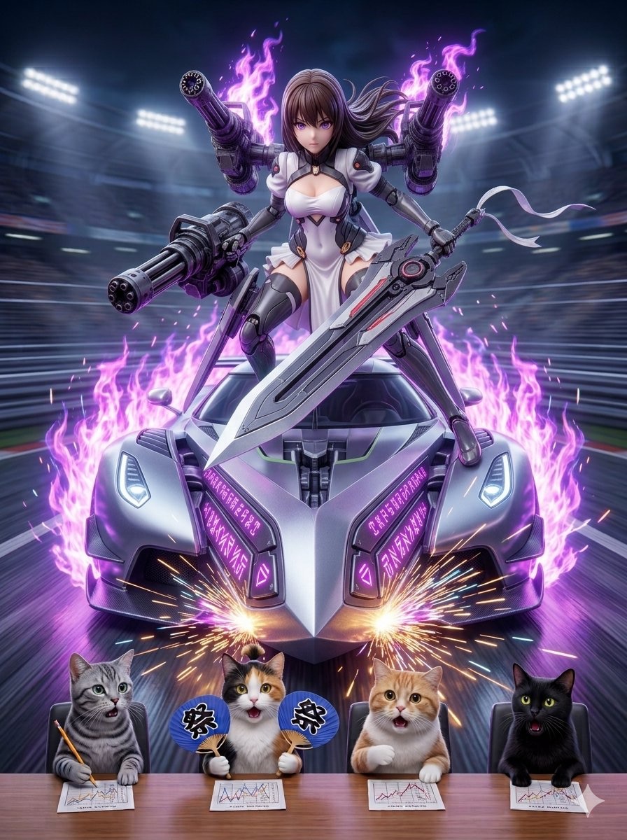 レースクィーンメカ娘と黒猫🐈‍⬛ちゃんと白猫🐈兄さん　アクリルドールフィギュア | の人気AIイラスト・グラビア