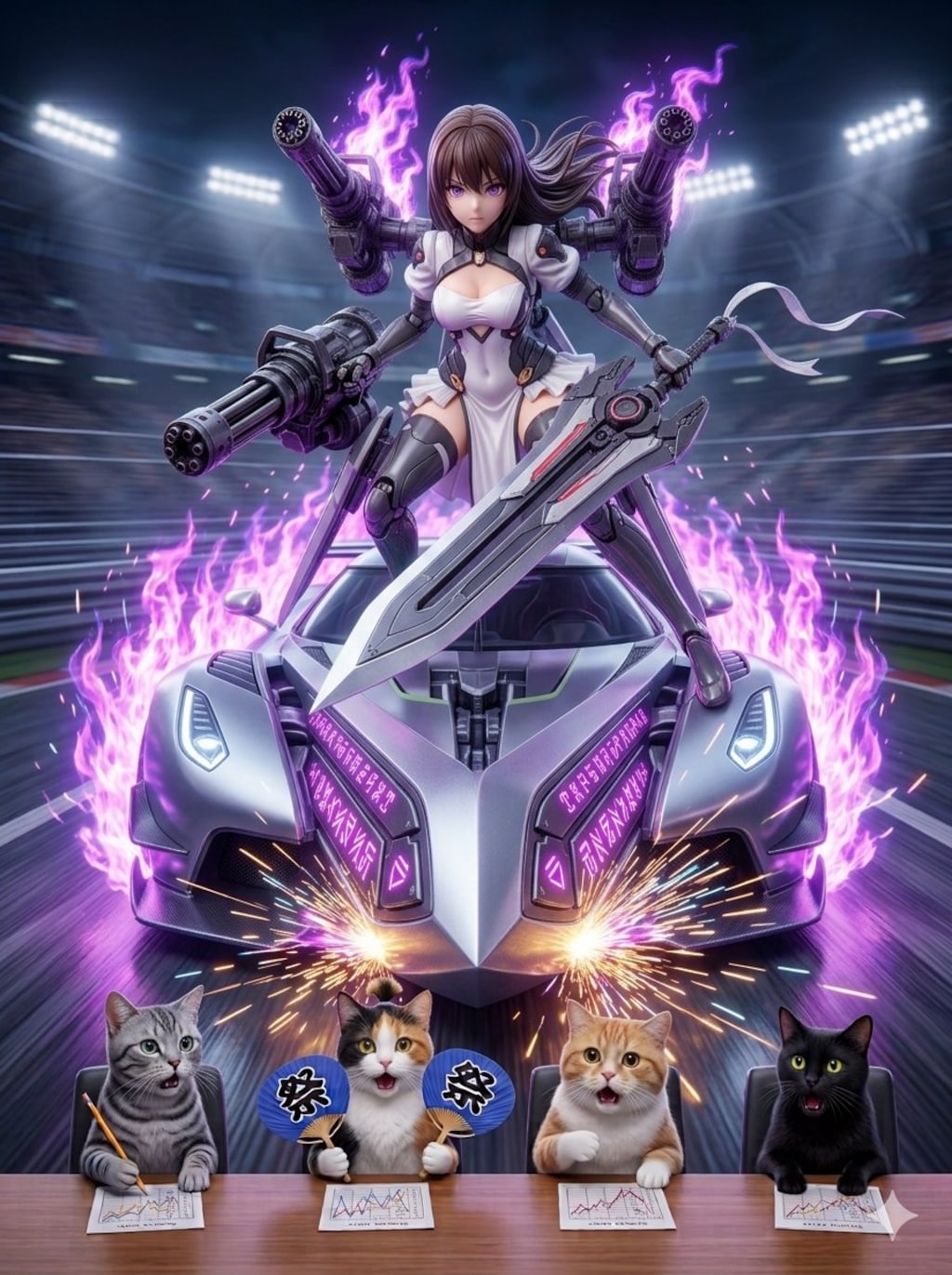 レースクィーンメカ娘と黒猫🐈‍⬛ちゃんと白猫🐈兄さん　アクリルドールフィギュア