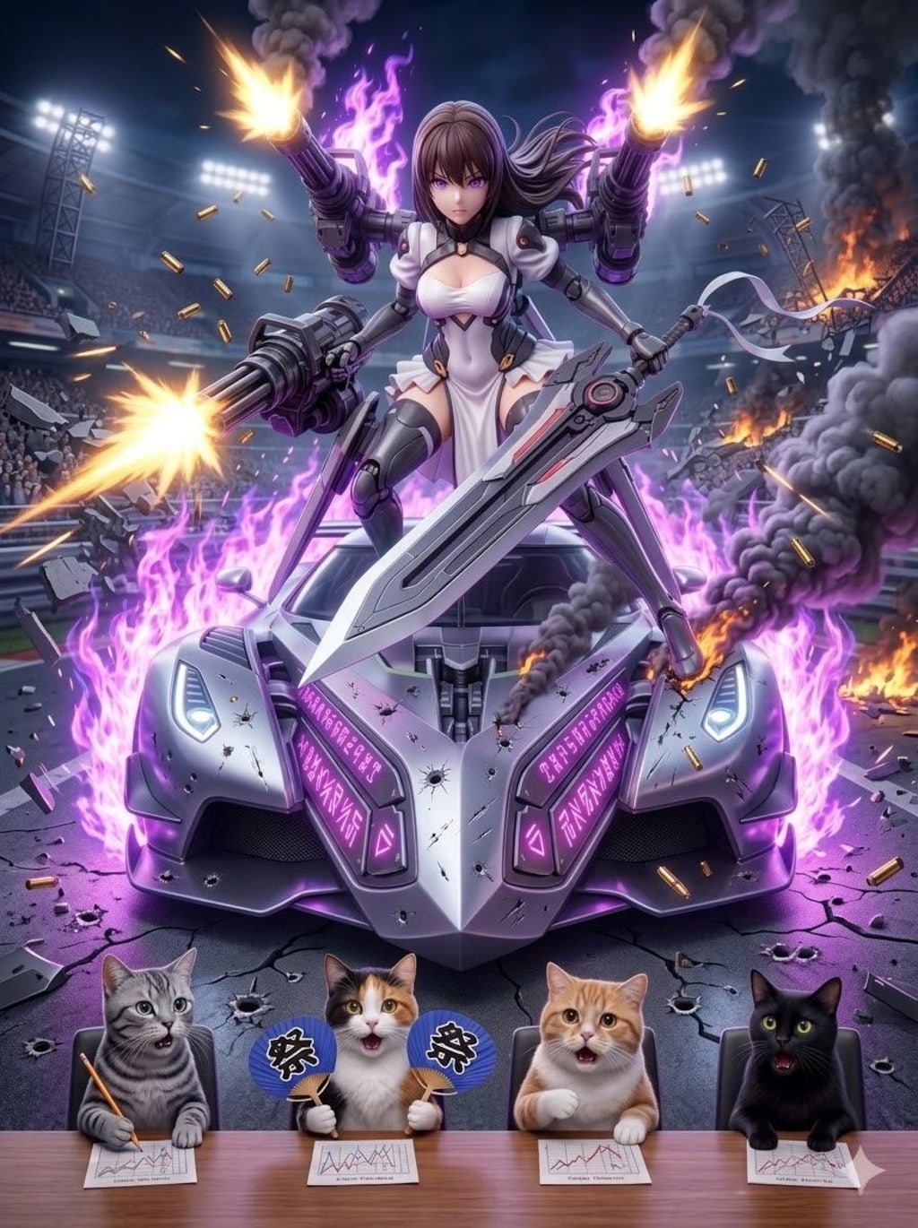 レースクィーンメカ娘と黒猫🐈‍⬛ちゃんと白猫🐈兄さん　アクリルドールフィギュア