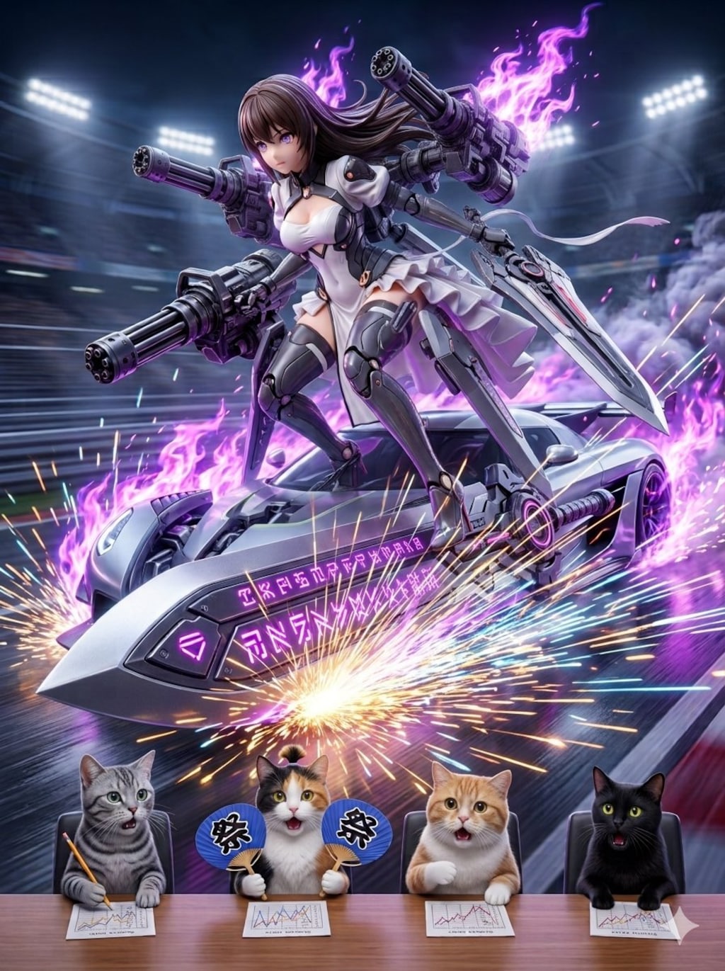 レースクィーンメカ娘と黒猫🐈‍⬛ちゃんと白猫🐈兄さん　アクリルドールフィギュア
