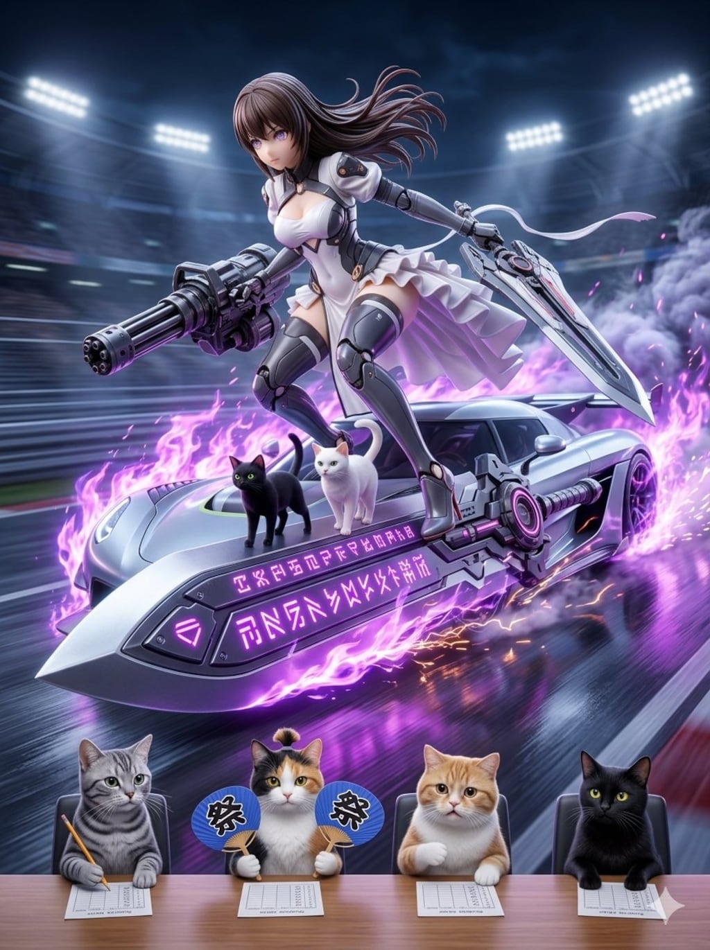 レースクィーンメカ娘と黒猫🐈‍⬛ちゃんと白猫🐈兄さん　アクリルドールフィギュア