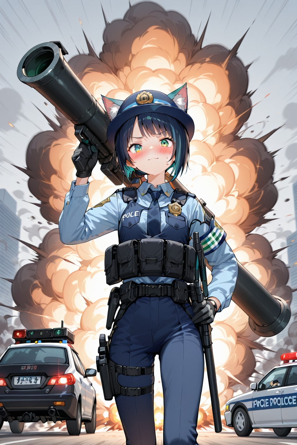 ロケットランチャーを構える猫耳お巡りさん