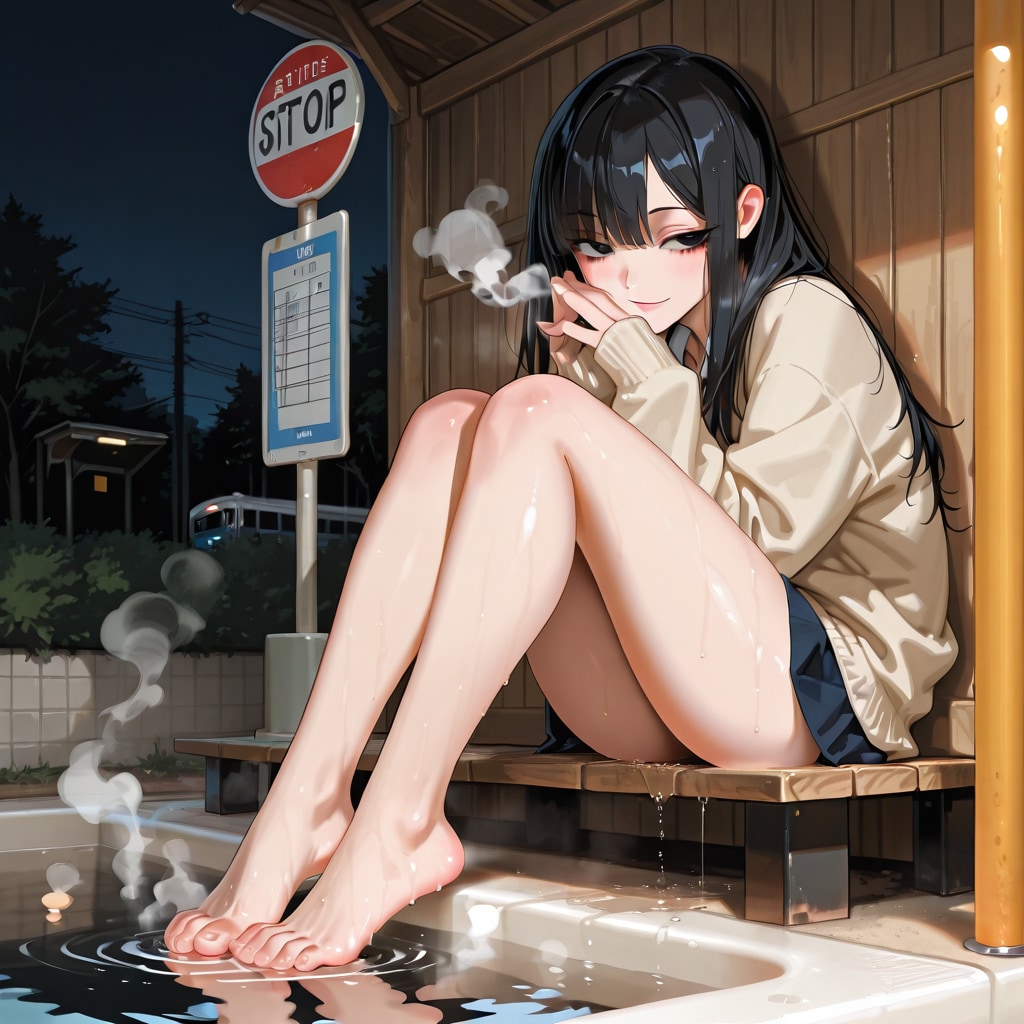 足湯で待つバス停 | の人気AIイラスト・グラビア