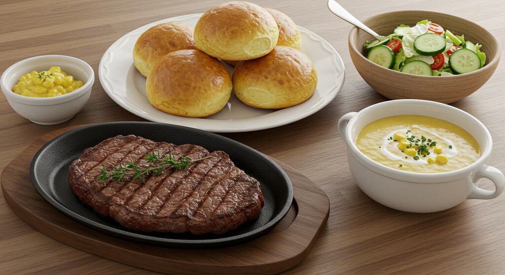 摩訶不思議食堂のバターロールセットステーキ付き