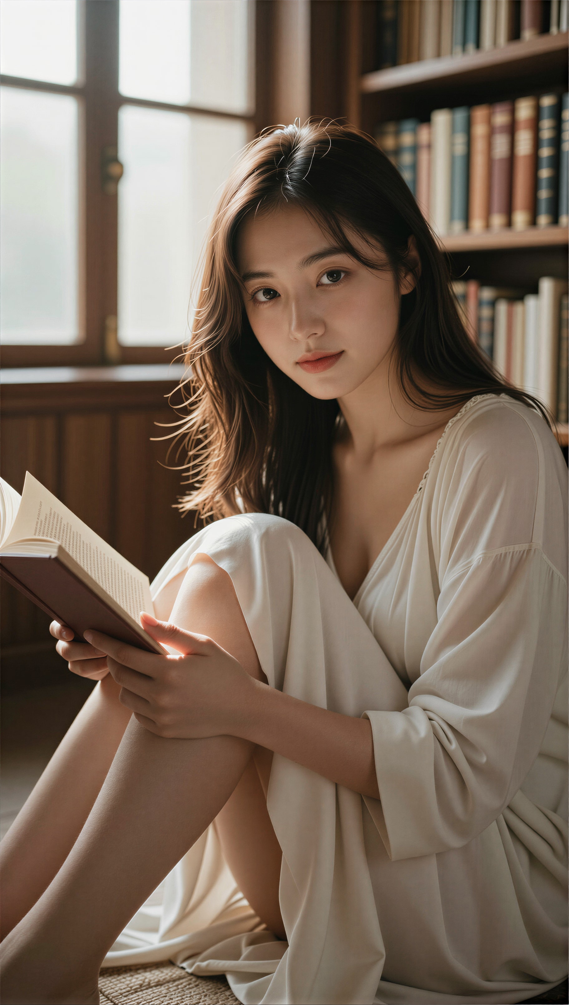 白いドレスと本の静かな時間