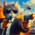油絵アクション映画風、2丁拳銃猫の銃撃戦アクションシーン 2枚目
