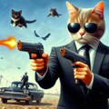 油絵アクション映画風、2丁拳銃猫の銃撃戦アクションシーン 4枚目