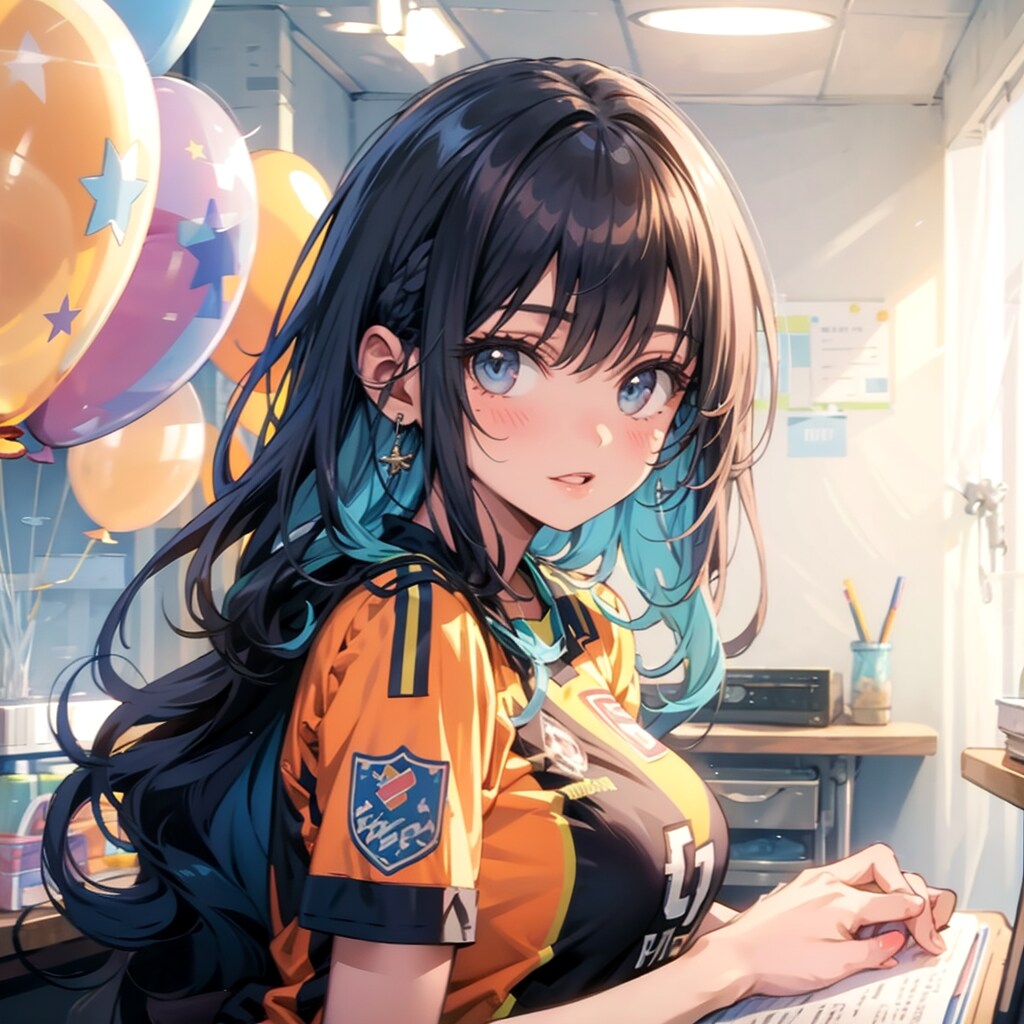 いっぱい色とりどりの風船を持つ青い髪ロングのサッカーユニフォーム着た美女