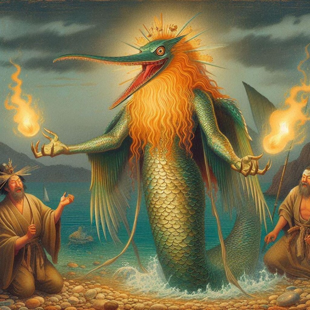 アニメ＆浮世絵＆油絵風、妖怪アマビエ