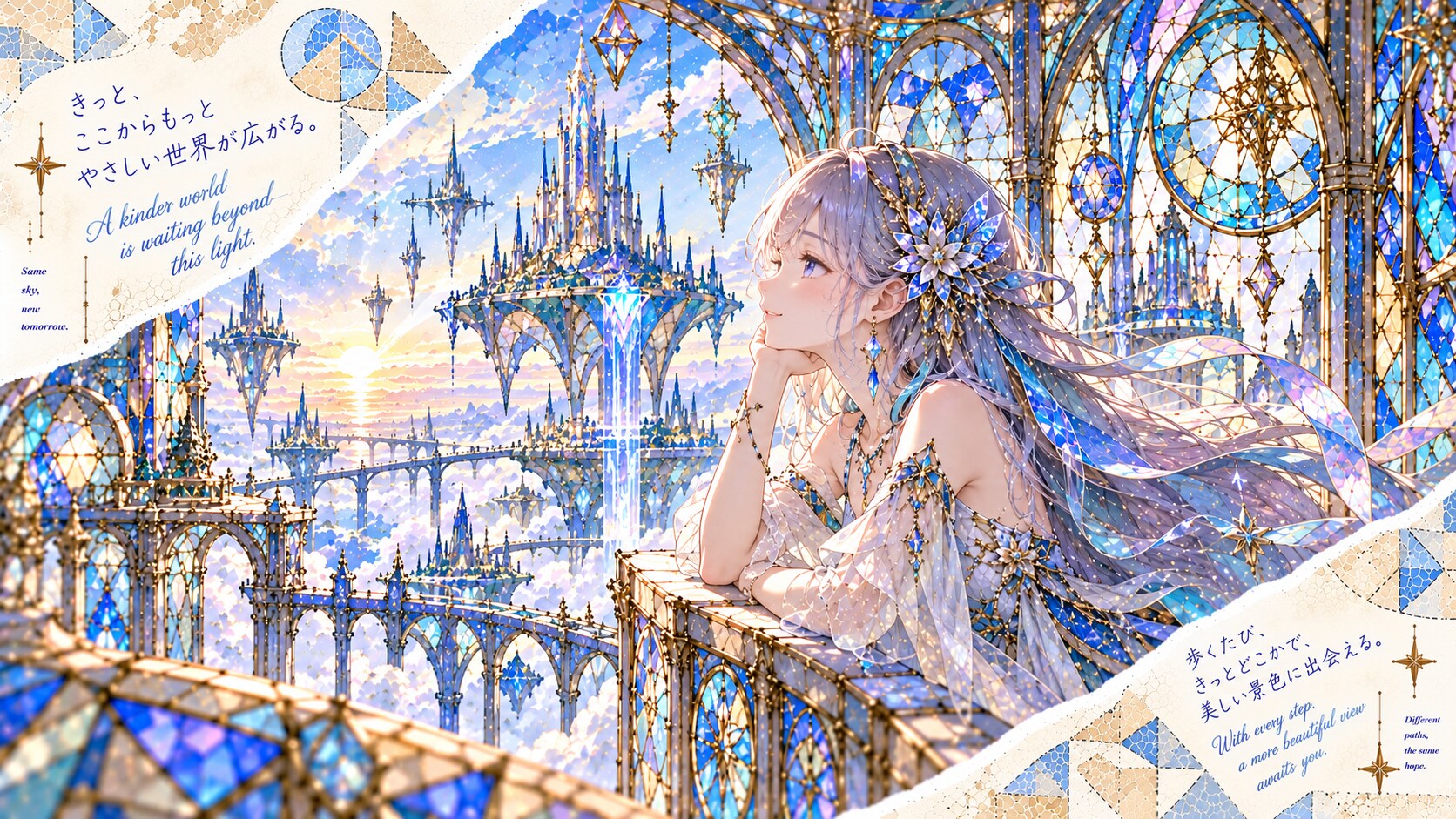 A quiet lean over a crystal balcony, watching sunrise spill across a stained-glass city adrift in cl | の人気AIイラスト・グラビア