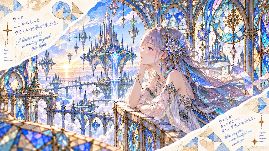 A quiet lean over a crystal balcony, watching sunrise spill across a stained-glass city adrift in cl