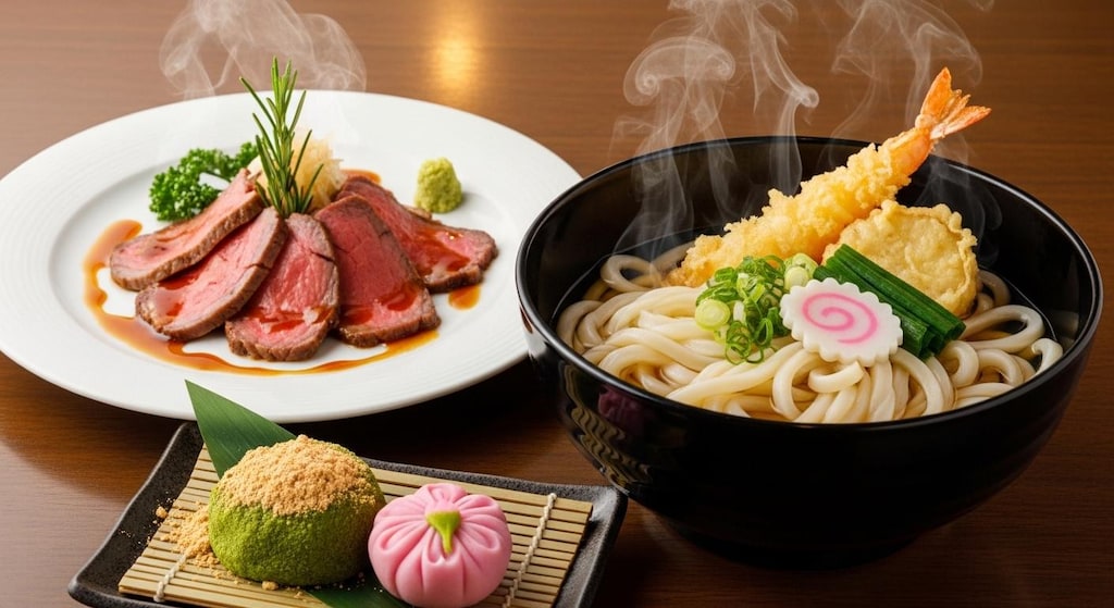 摩訶不思議食堂のうどんとローストビーフと和菓子のセット