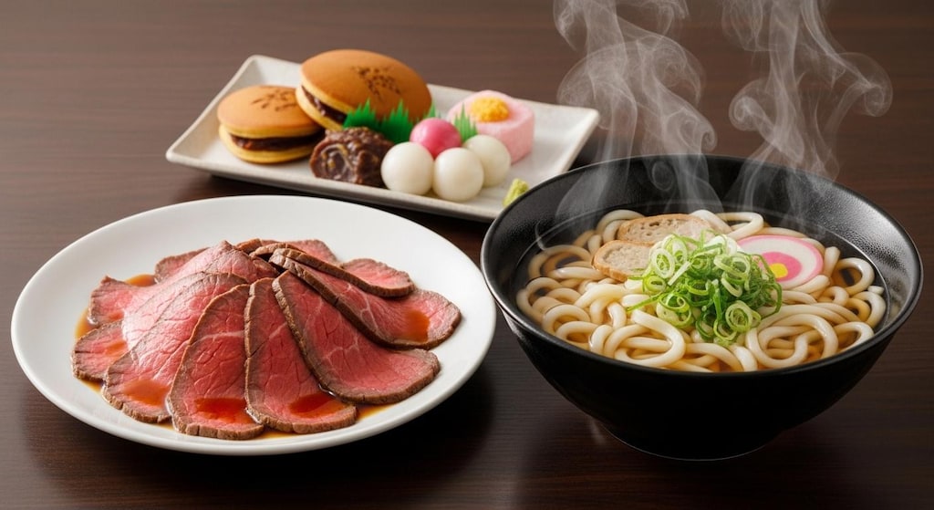 摩訶不思議食堂のうどんとローストビーフと和菓子のセット