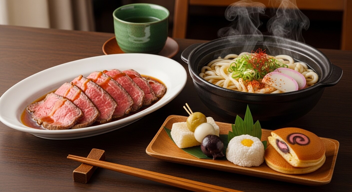 摩訶不思議食堂のうどんとローストビーフと和菓子のセット